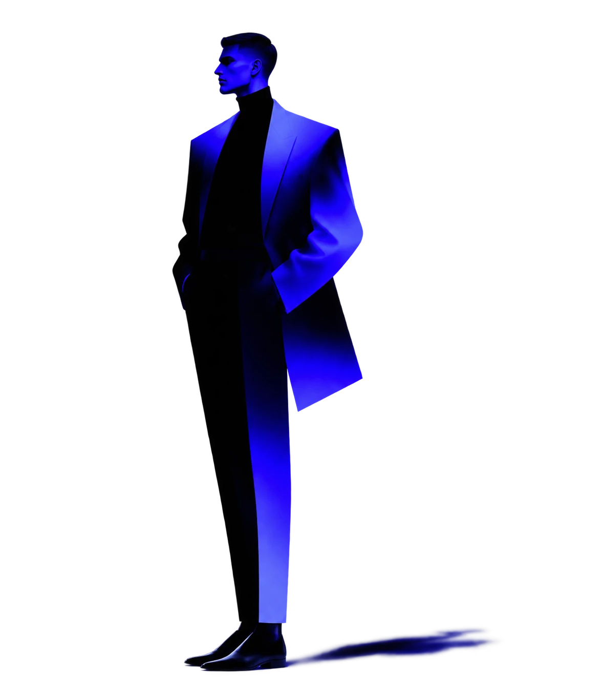 Blue-lit man in a tailored suit